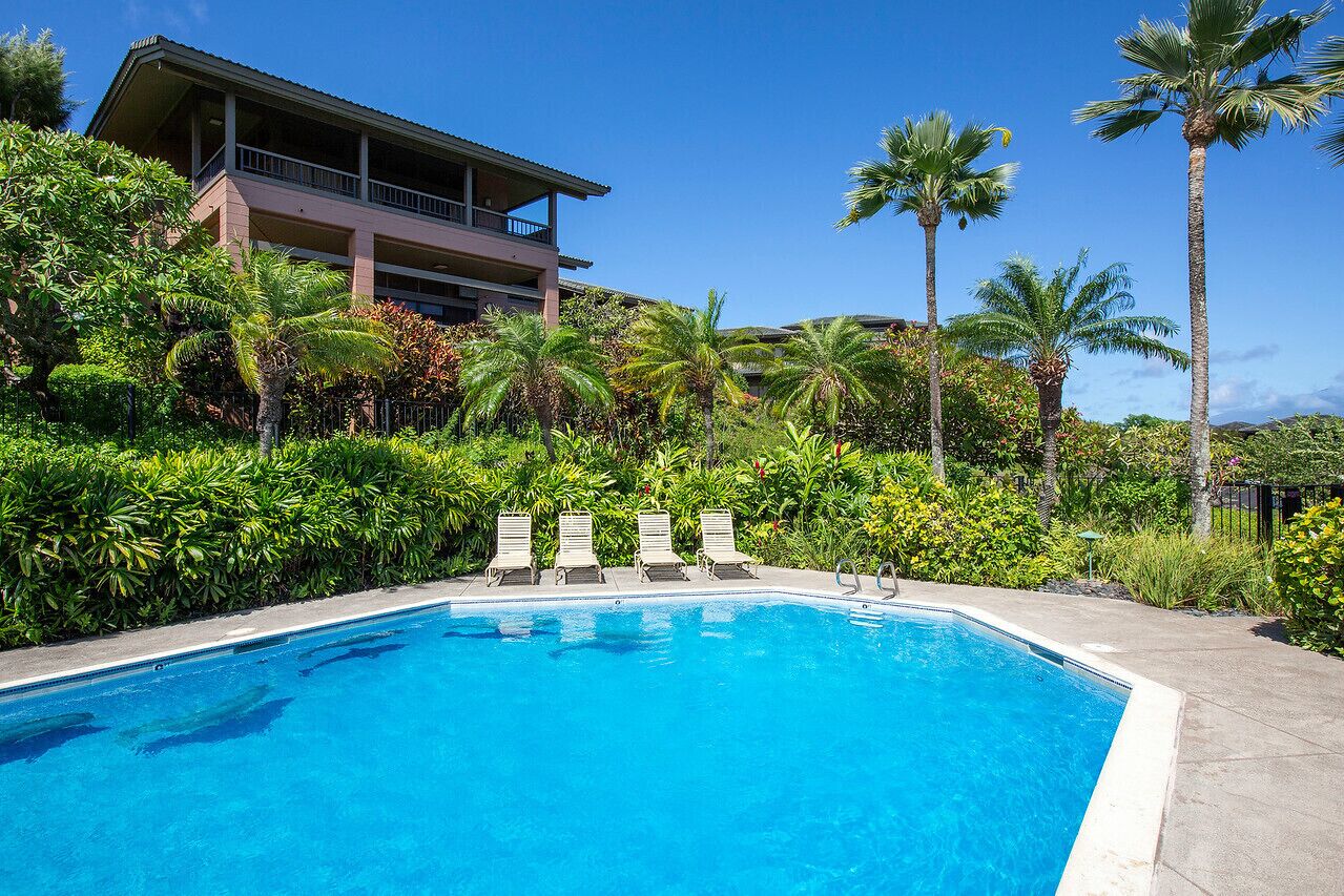 A swimming pool with lounge chairs, surrounded by lush greenery and palm trees, with a building in the background.