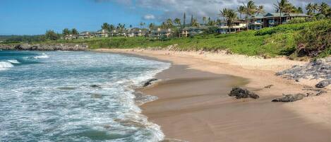 A beachfront property with ocean views, a sandy beach, and a hillside with houses.