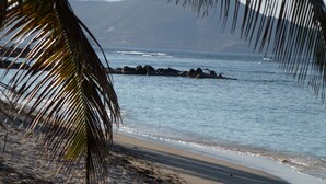 Une plage bordée d’un rivage rocheux, avec des palmiers et une montagne en arrière-plan.