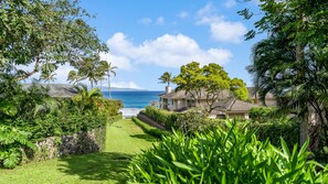 Enjoy a serene ocean view from this property surrounded by lush greenery and a well-maintained lawn.