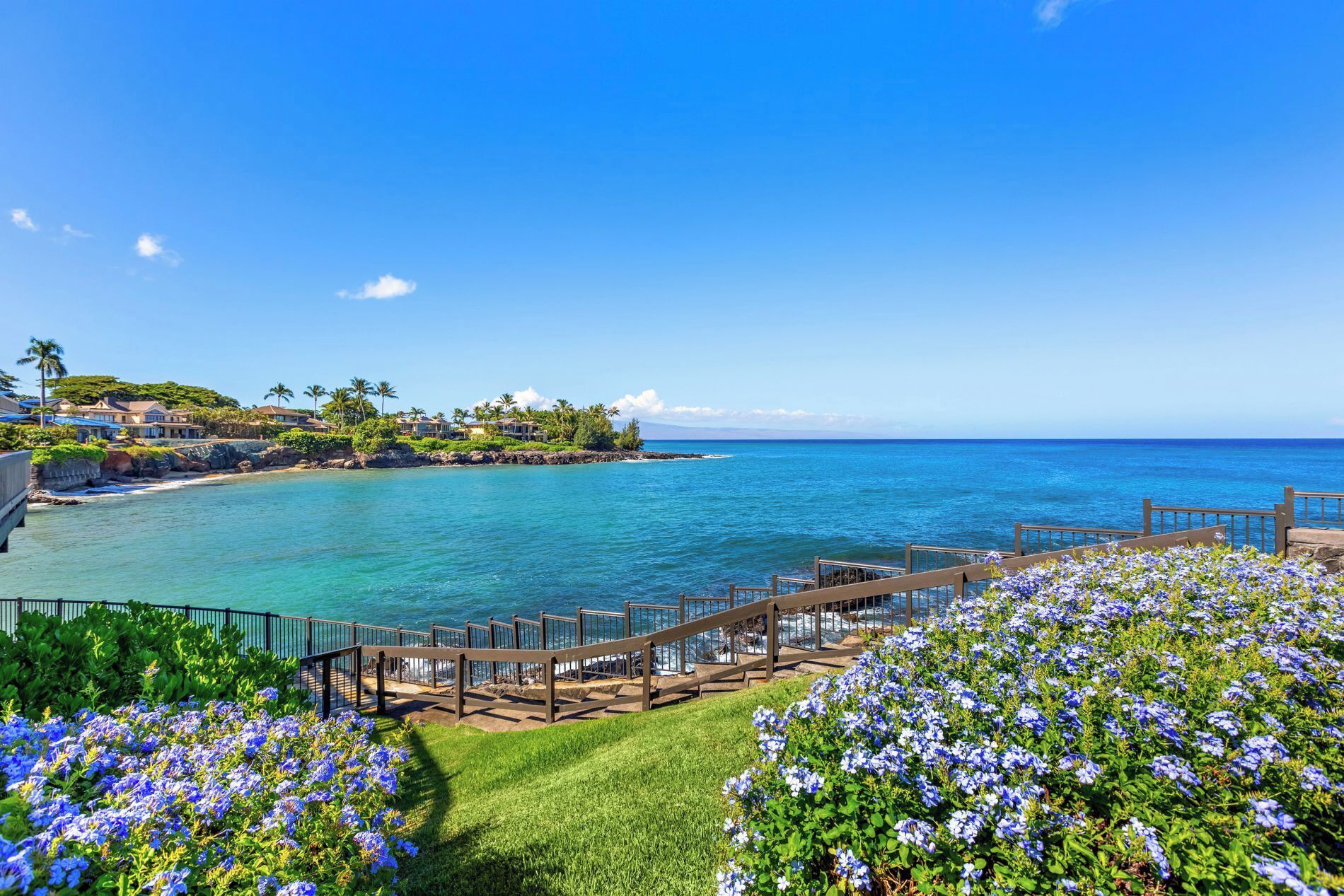 A coastal resort with a wooden deck overlooking the ocean, lush greenery, and a clear blue sky.