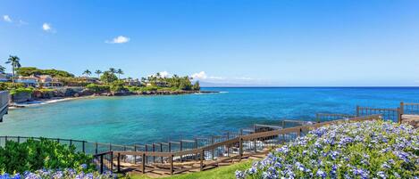 A coastal resort with a wooden deck overlooking the ocean, lush greenery, and a clear blue sky.