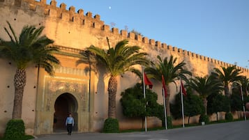 A historic building with a large arched entrance, palm trees, and flags.