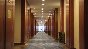 Un long couloir étroit, typique des hôtels, avec un tapis à motifs, des portes en bois et une rangée de luminaires au plafond.