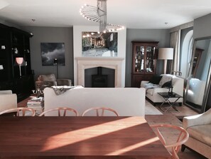 TV, fireplace, books, music library