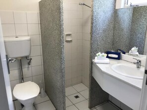 A bathroom with a white toilet, a shower area with a speckled wall, and a sink with a mirror.