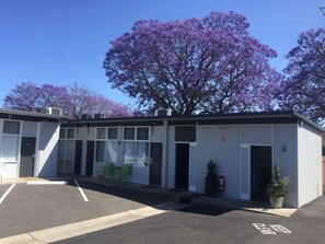 A building with a parking lot and a row of green chairs outside.