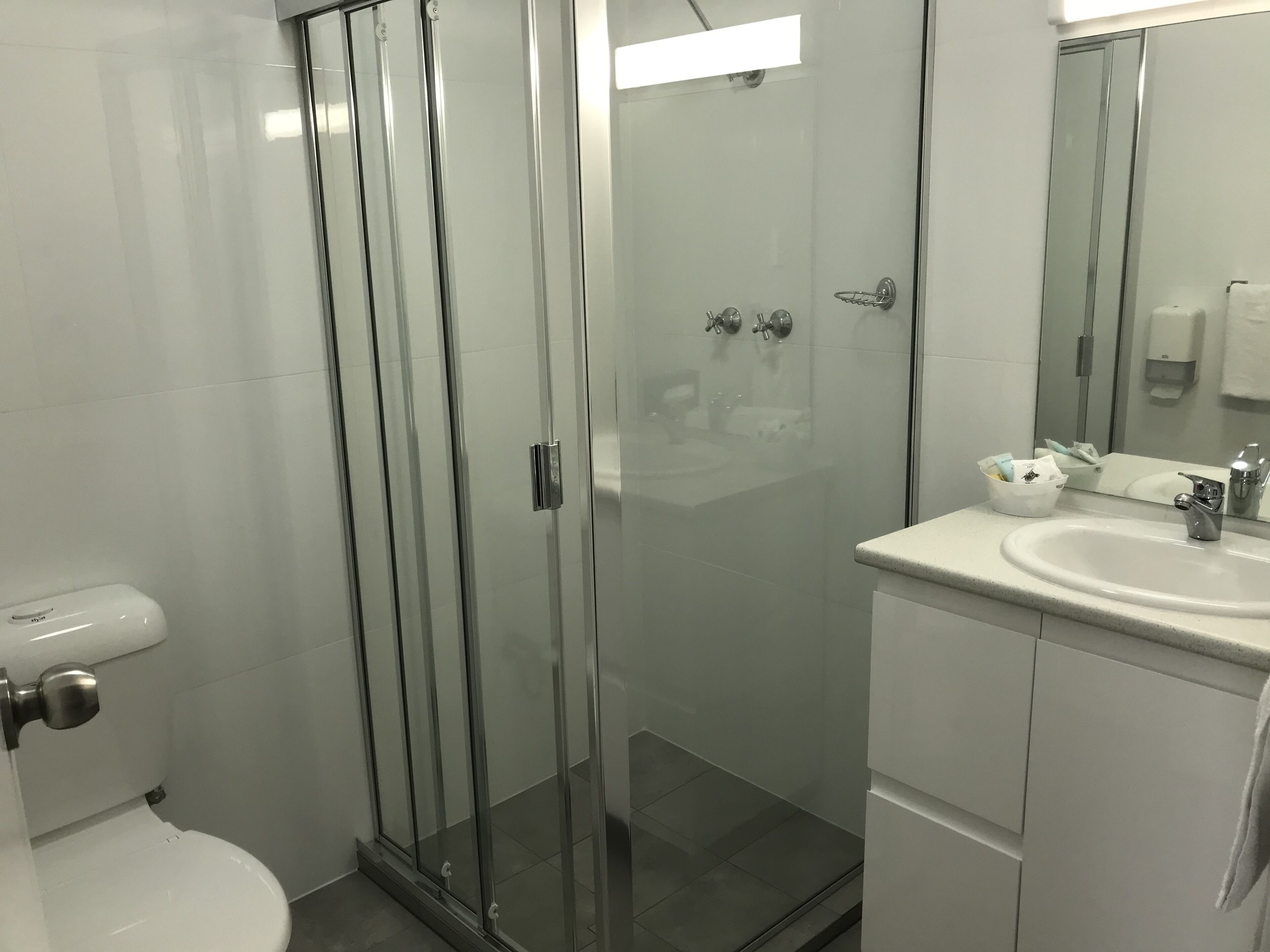 Un baño moderno con ducha envuelta en vidrio, inodoro blanco y lavamanos con espejo.