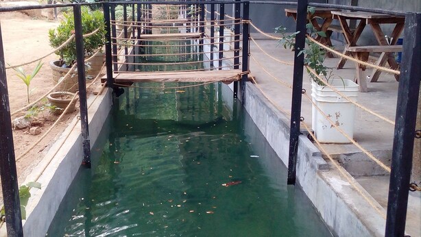 Un puente peatonal cubierto sobre un canal de agua, con barandilla de metal y suelo de hormigón.