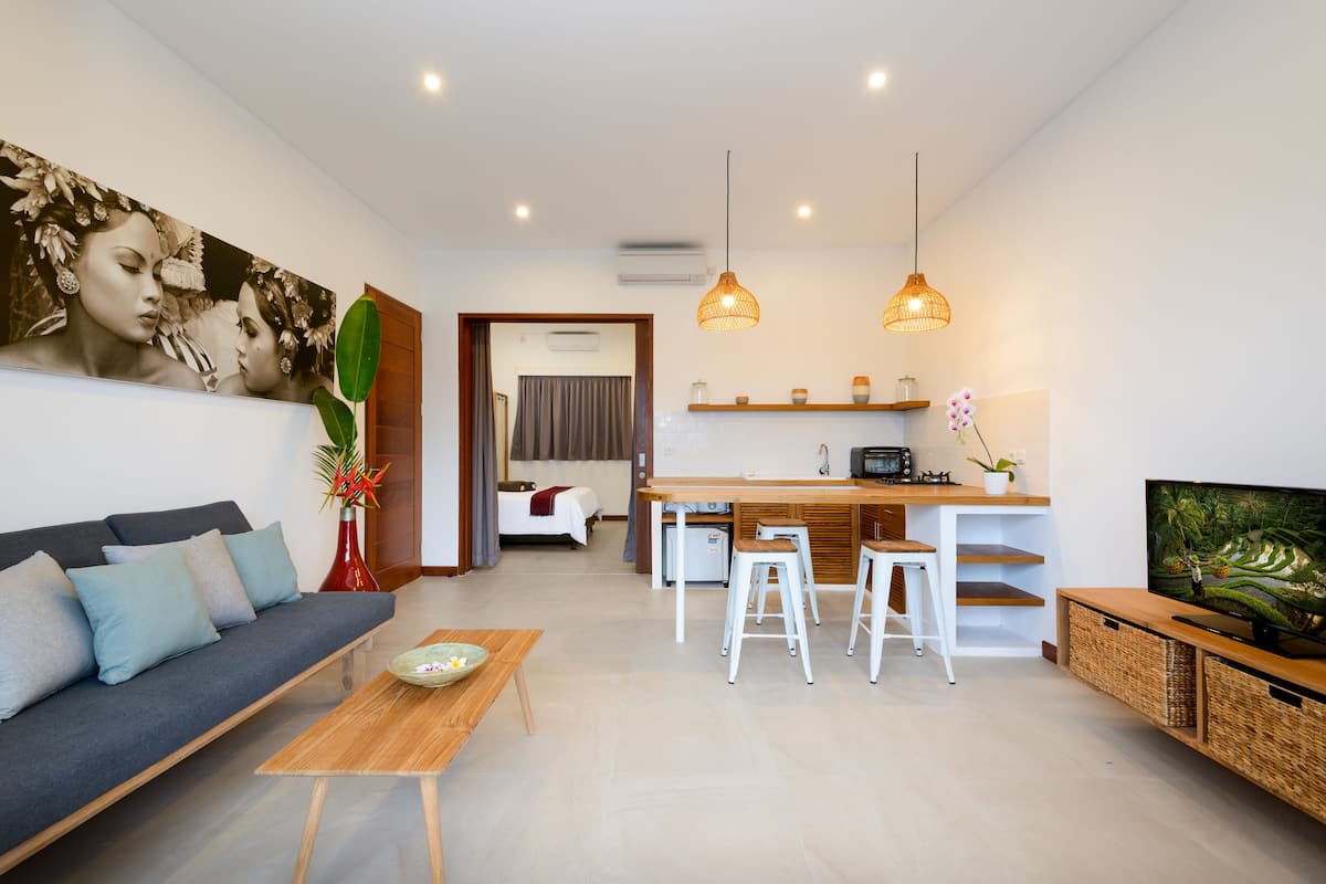 deluxe apartment, 1 bedroom, kitchen, poolside | private kitchenette | fridge, oven, stovetop, coffee/tea maker