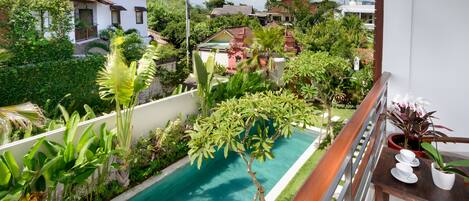 Área residencial com piscina cercada por vegetação exuberante e casas.