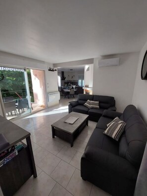 Smart TV, fireplace, DVD player, books