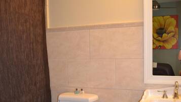 Combined shower/tub, hair dryer, towels, soap