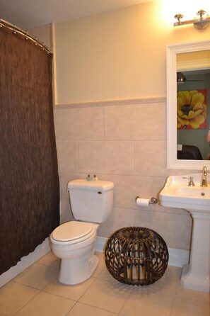 Combined shower/bathtub, hair dryer, towels, soap