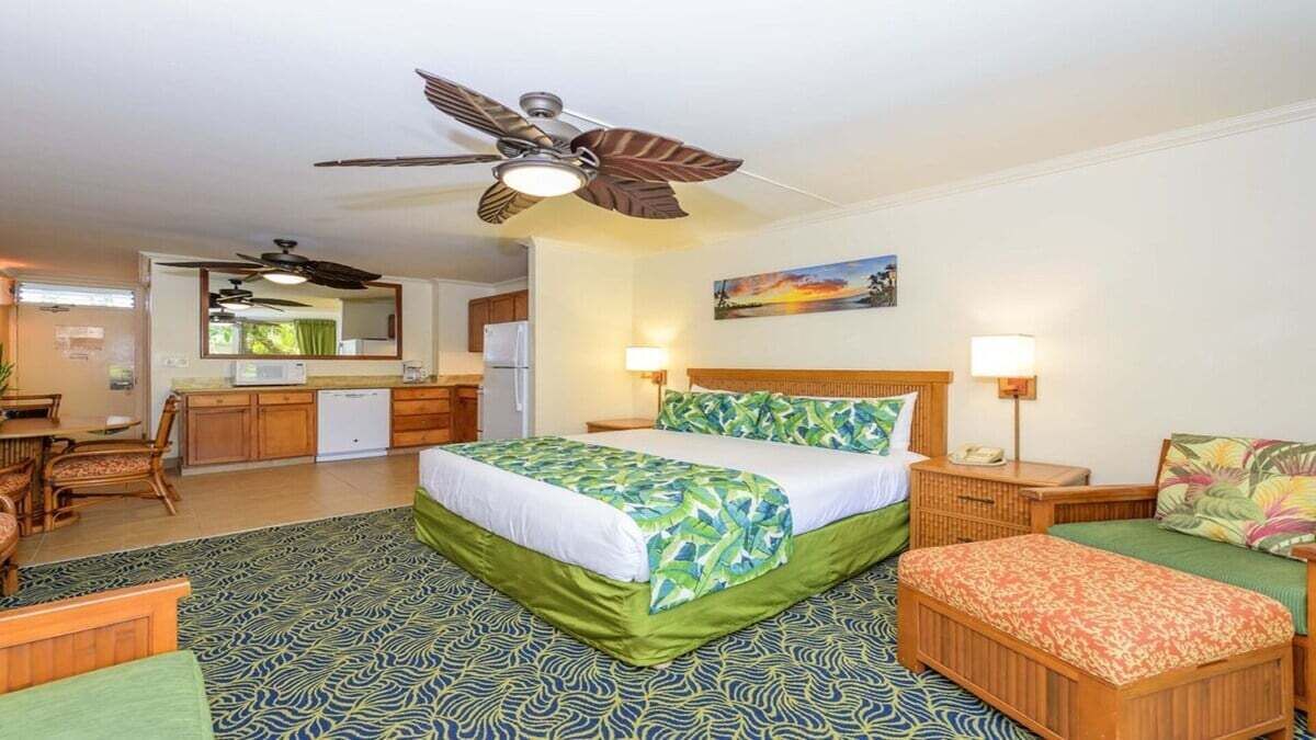 Une chambre d’hôtel avec un lit, un bureau, une chaise, une table de chevet, une lampe, un ventilateur de plafond et un tableau au mur.