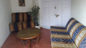 Un salon avec un canapé, un fauteuil, une petite table et une plante en pot.
