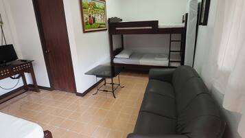 Een kamer met een stapelbed, een slaapbank, een bureau met een stoel en een deur.
