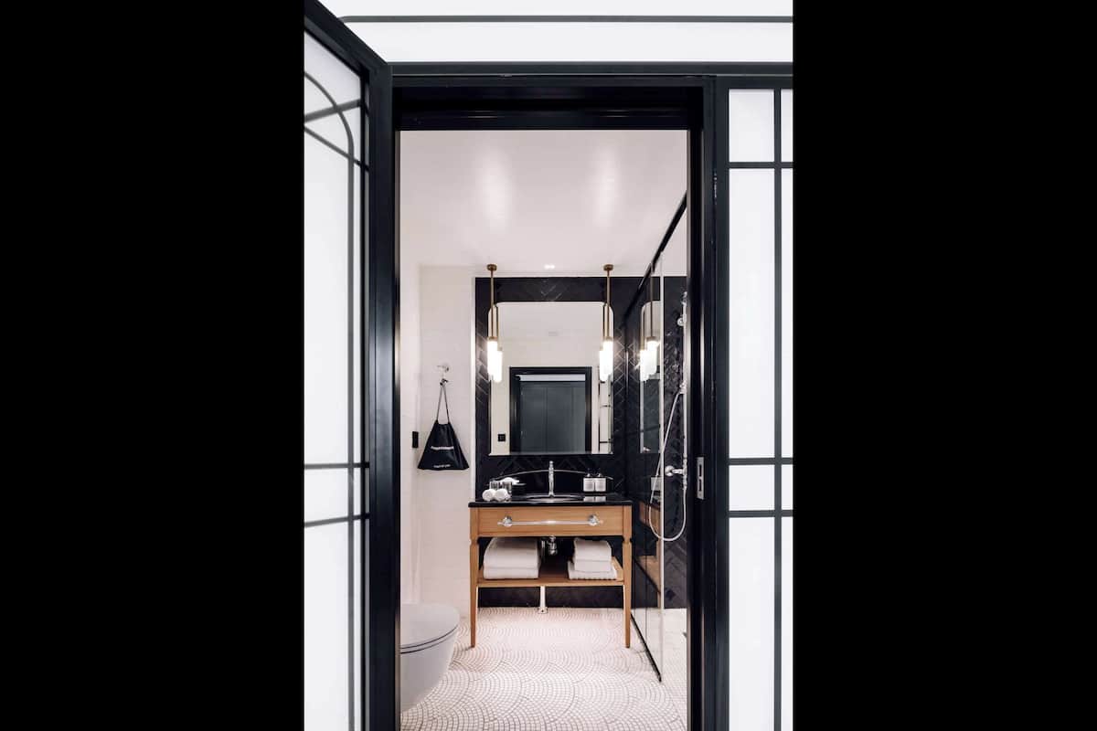 shower, rainfall showerhead, designer toiletries, hair dryer