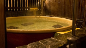 A hot spring bath with a stone wall and a wooden fence in the background. - Kur and Hotel Shinshu (Shiojiri)