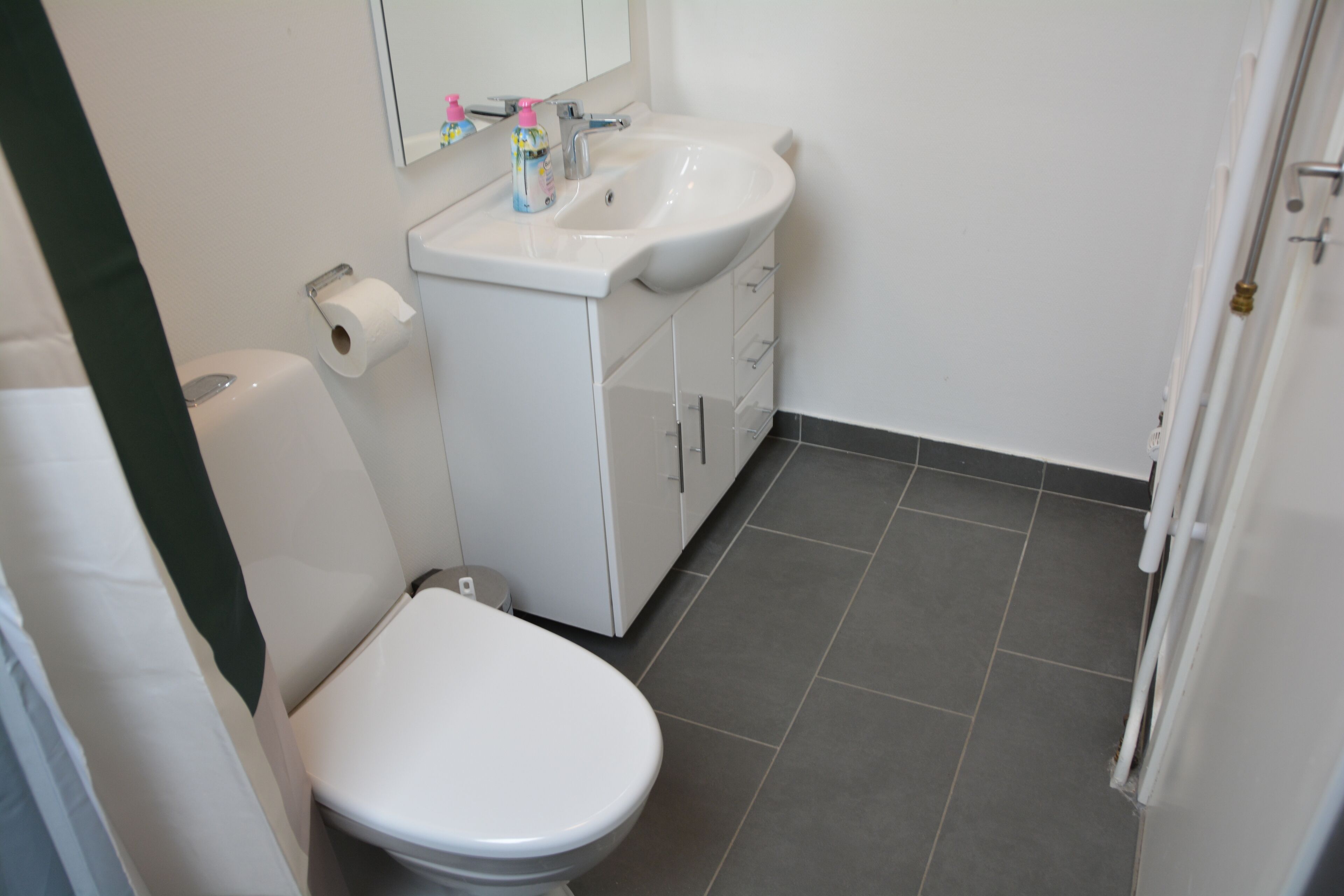 A small, clean bathroom with a white toilet, a sink, and a mirror.