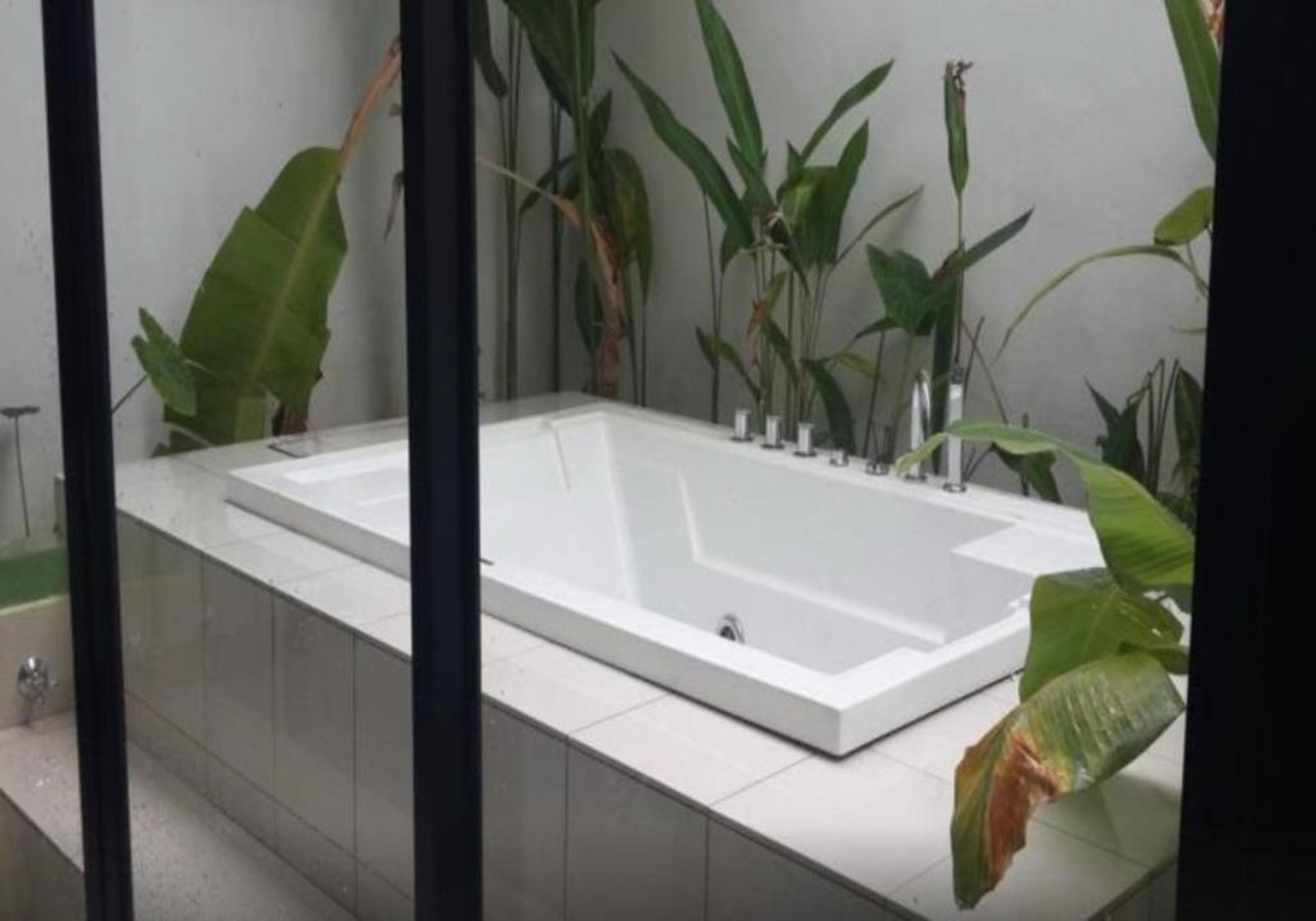 Un baño moderno con una bañera rectangular grande, paredes con azulejos y plantas verdes de gran tamaño.