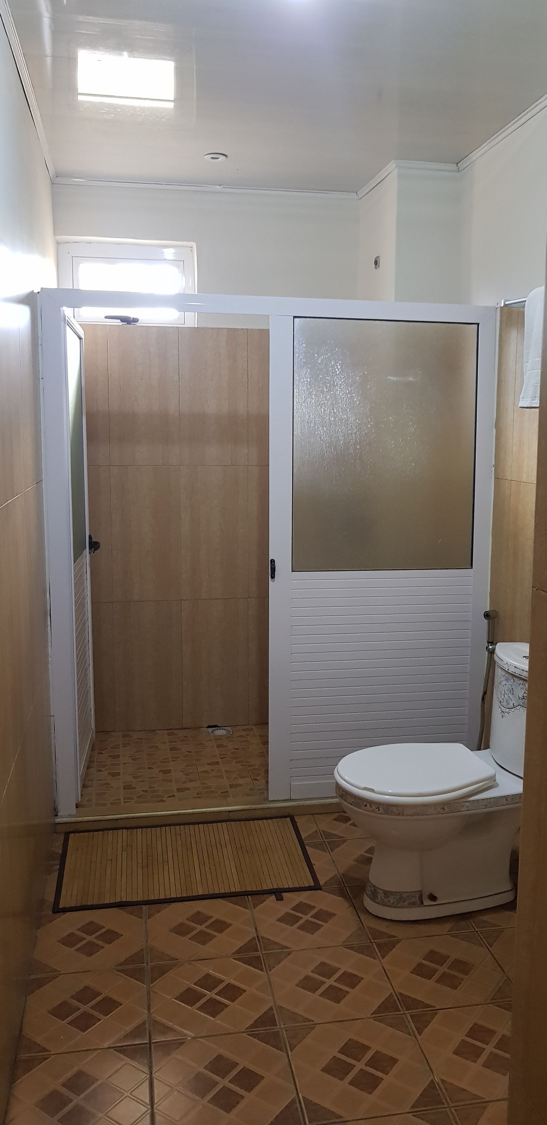 A bathroom with a shower enclosure, toilet, and patterned floor tiles.