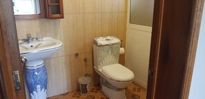 Un baño con un lavamanos blanco, un jarrón azul, un inodoro y un cubo de basura.