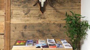 A wooden wall with a mounted deer skull and antlers, a lamp, and a wooden chest with magazines. - Atmosphere di Montagna (Vermiglio)