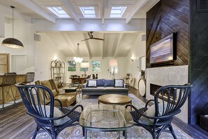 TV, DVD player, video library, stereo