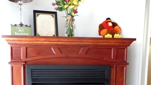 A fireplace with a framed certificate above it, a vase with flowers, and a stuffed toy on the mantel. - Recently renovated, new front porch and walk-able to the town of Black Mountain  (Black Mountain)