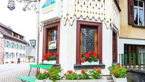 A building with a traditional facade, a bench, and flower boxes with red flowers. - Lenzkircher Hof (Lenzkirch)