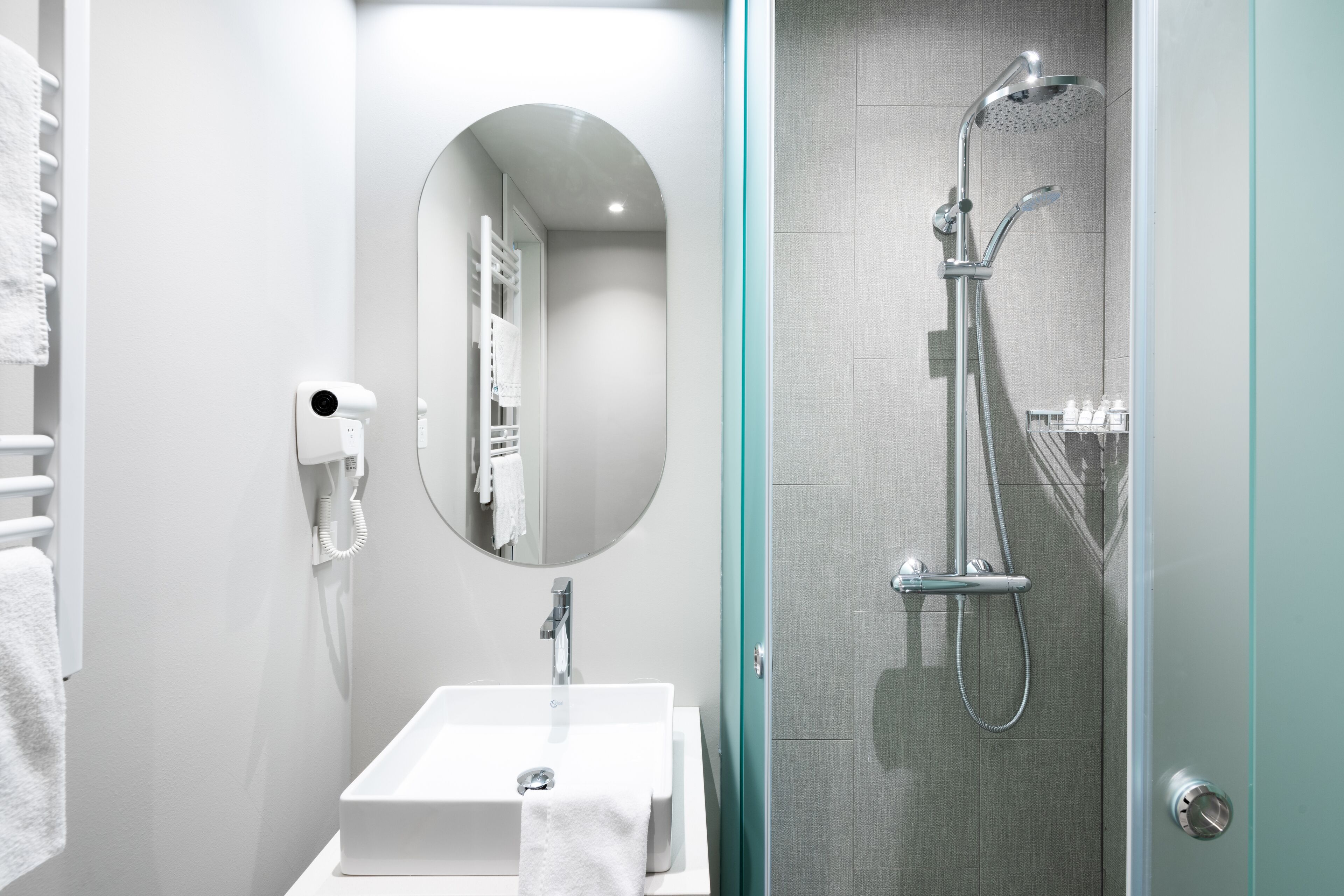 A modern bathroom with a white sink, a mirror, a handheld showerhead, and a towel rack.