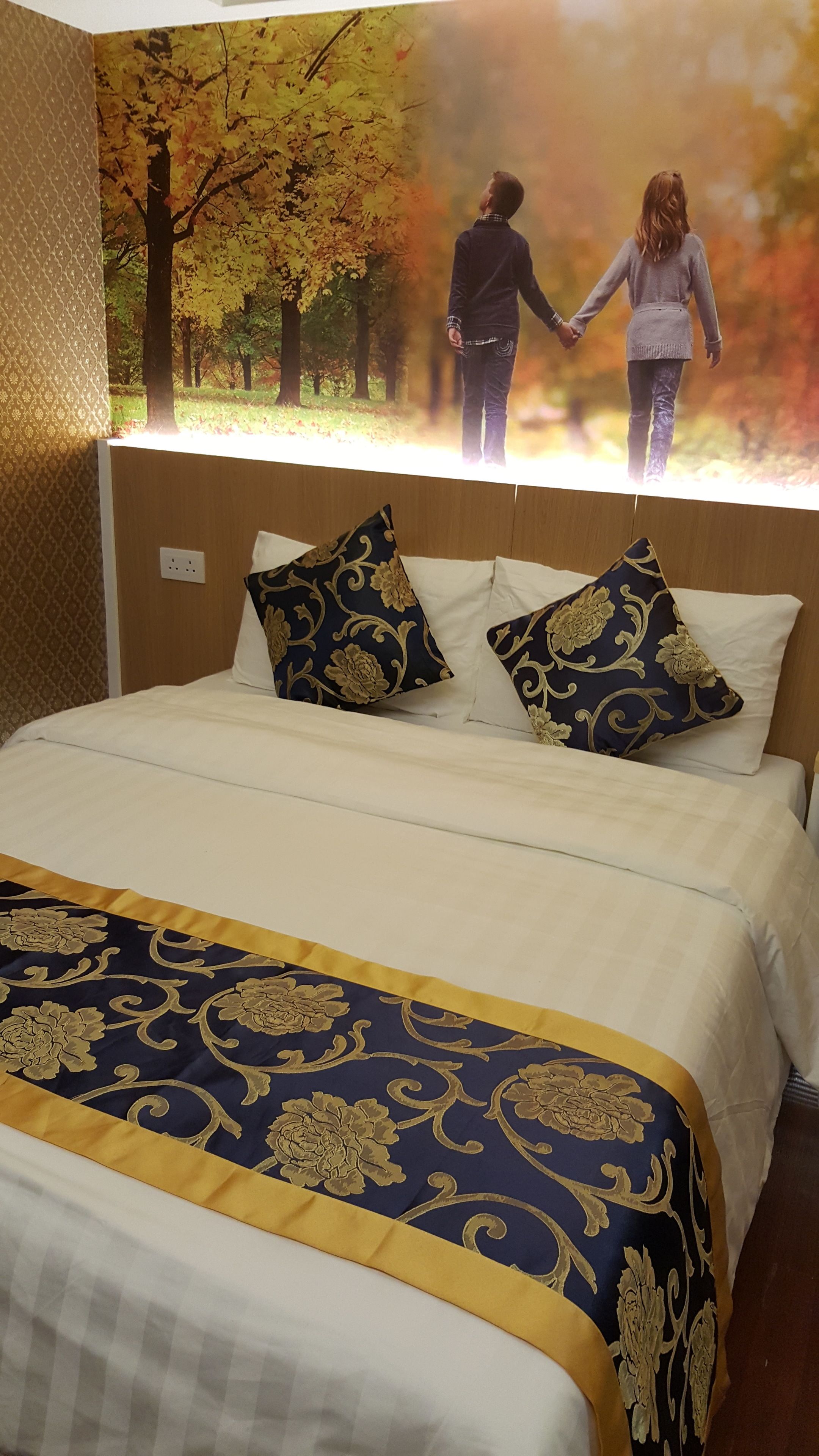 Une chambre d’hôtel avec un lit, deux coussins décoratifs, une fresque murale et une couvre-lit à motifs.