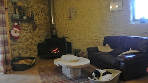 Una sala de estar acogedora con pared de piedra, chimenea, sofá de cuero y cama para perro.
