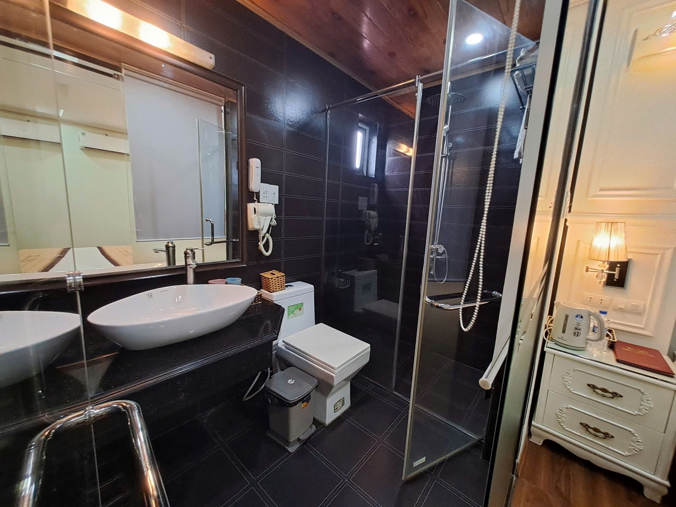 A modern bathroom with a large sink, toilet, and glass-enclosed shower.