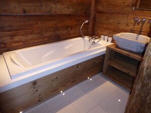 Combined shower/bathtub, hair dryer, towels, toilet paper