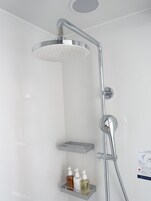 Eine moderne Dusche mit Handbrause und Regendusche. Darunter befinden sich zwei Ablagen für Pflegeprodukte.
