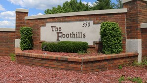 Un muro de ladrillo con un letrero que dice "The Foothills 350".