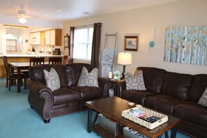 Smart TV, fireplace, DVD player, books