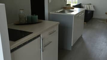 Fridge, microwave, stovetop, coffee/tea maker