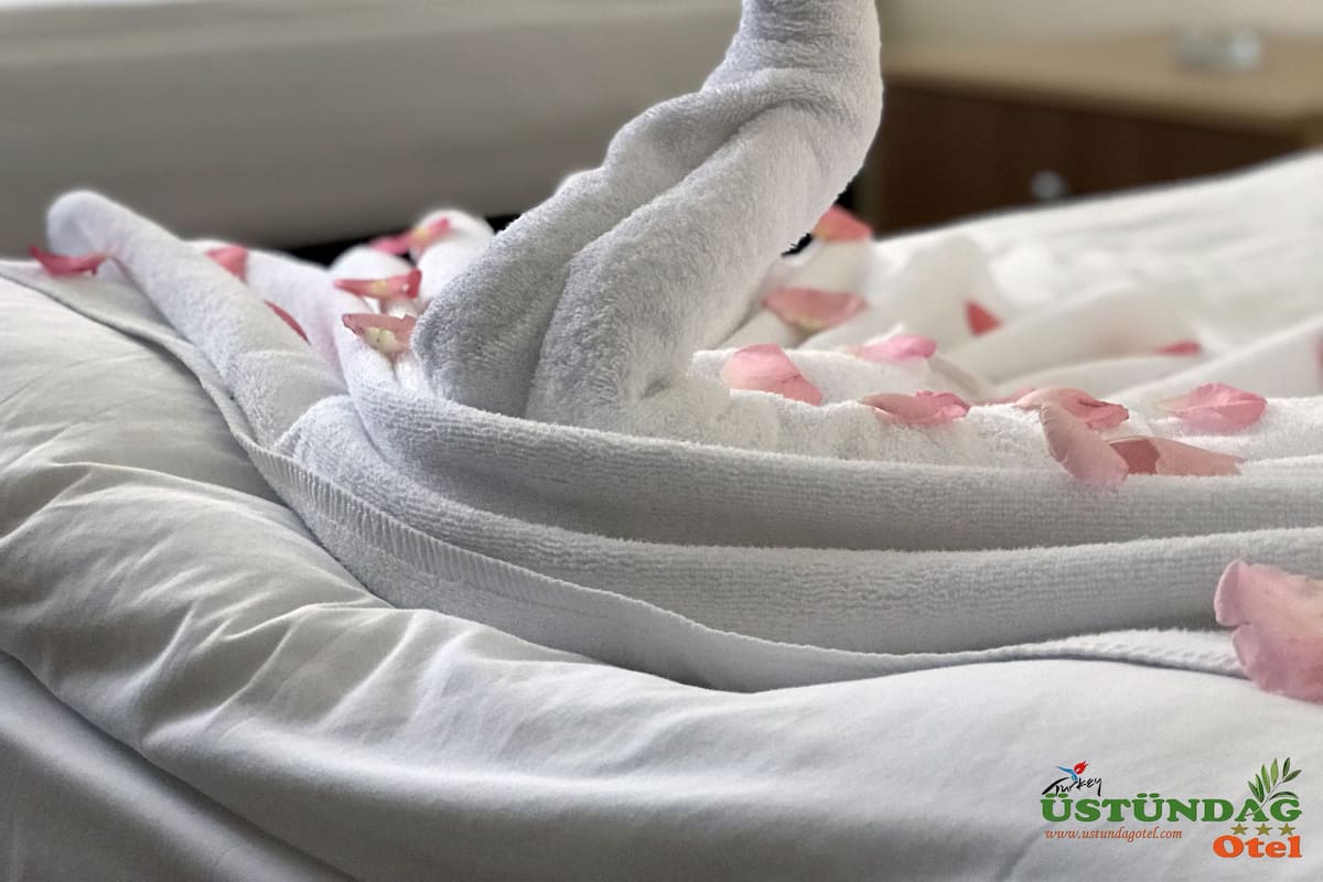 Un lit parfaitement fait, avec une serviette blanche disposée en forme de cygne, du linge de lit blanc et des pétales de rose éparpillés sur le lit.