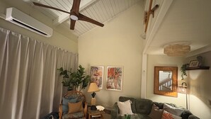 A living room with a ceiling fan, a green sofa, a wicker chair, and a small table with a plant.