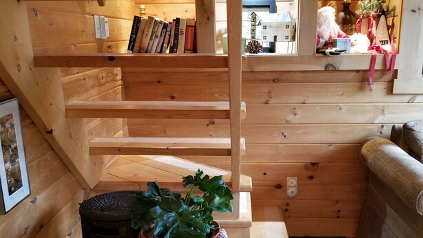 Interior acogedor de una cabaña con escalera de madera, un sofá con cojines estampados, una estantería y una planta en maceta.
