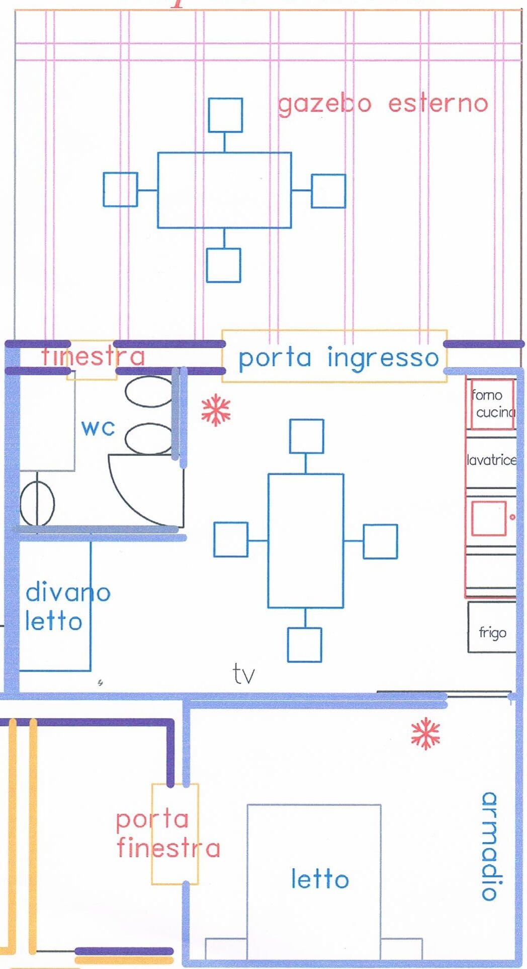 A floor plan with a TV, WC, and a divano letto in the living area.