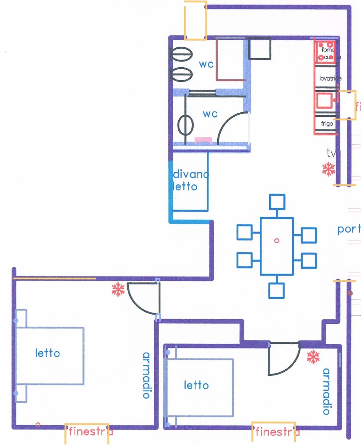 A floor plan with a living room, dining area, kitchen, WC, and a separate bathroom.