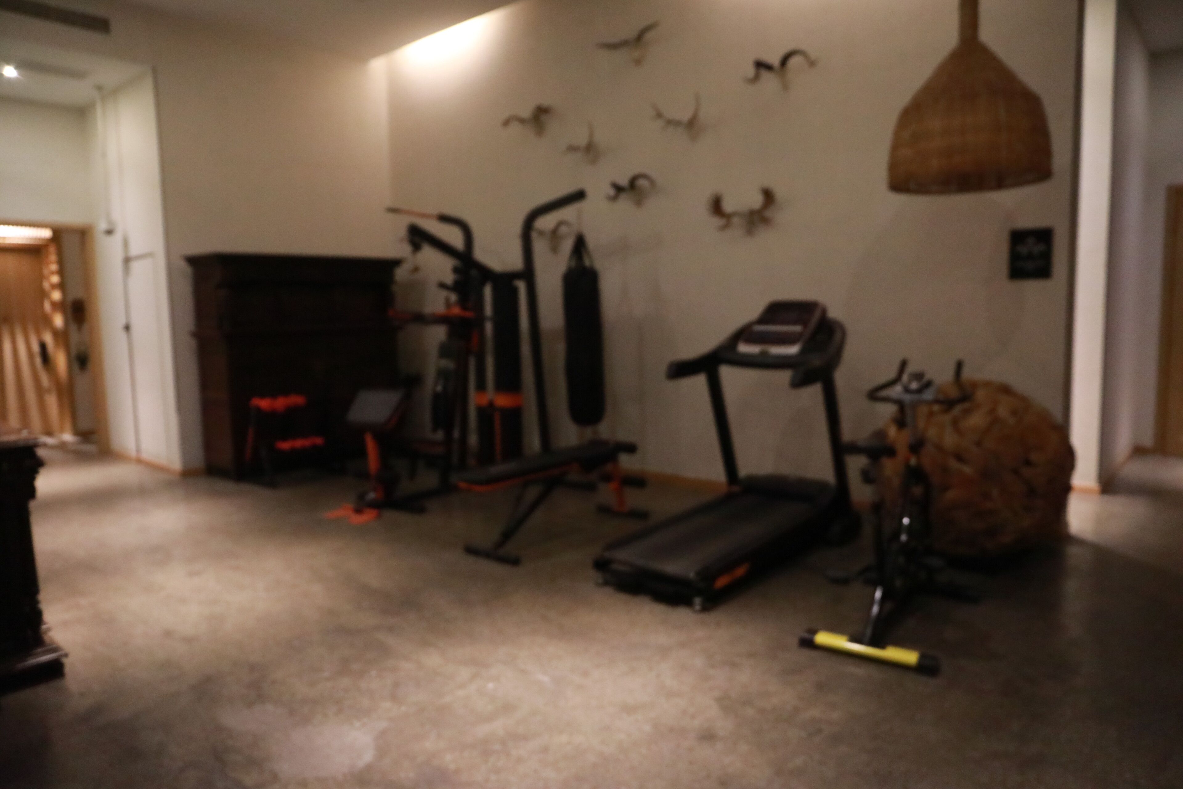 A home gym with exercise equipment, a treadmill, and decorative wall art.