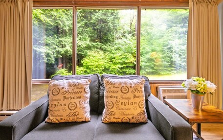 A room with a sofa facing a large window with a forest view, two decorative pillows with text, a small table with a vase of flowers, and a radiator.