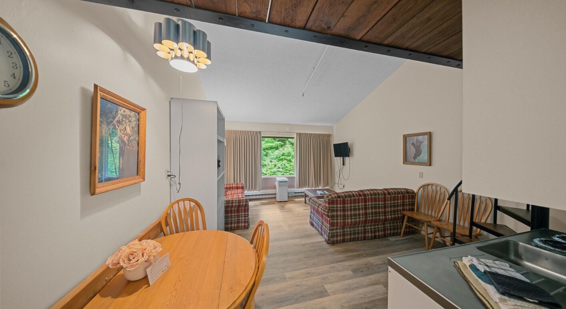 A cozy room with a wooden dining table, chairs, a plaid sofa, and a kitchen area with a sink and stove.