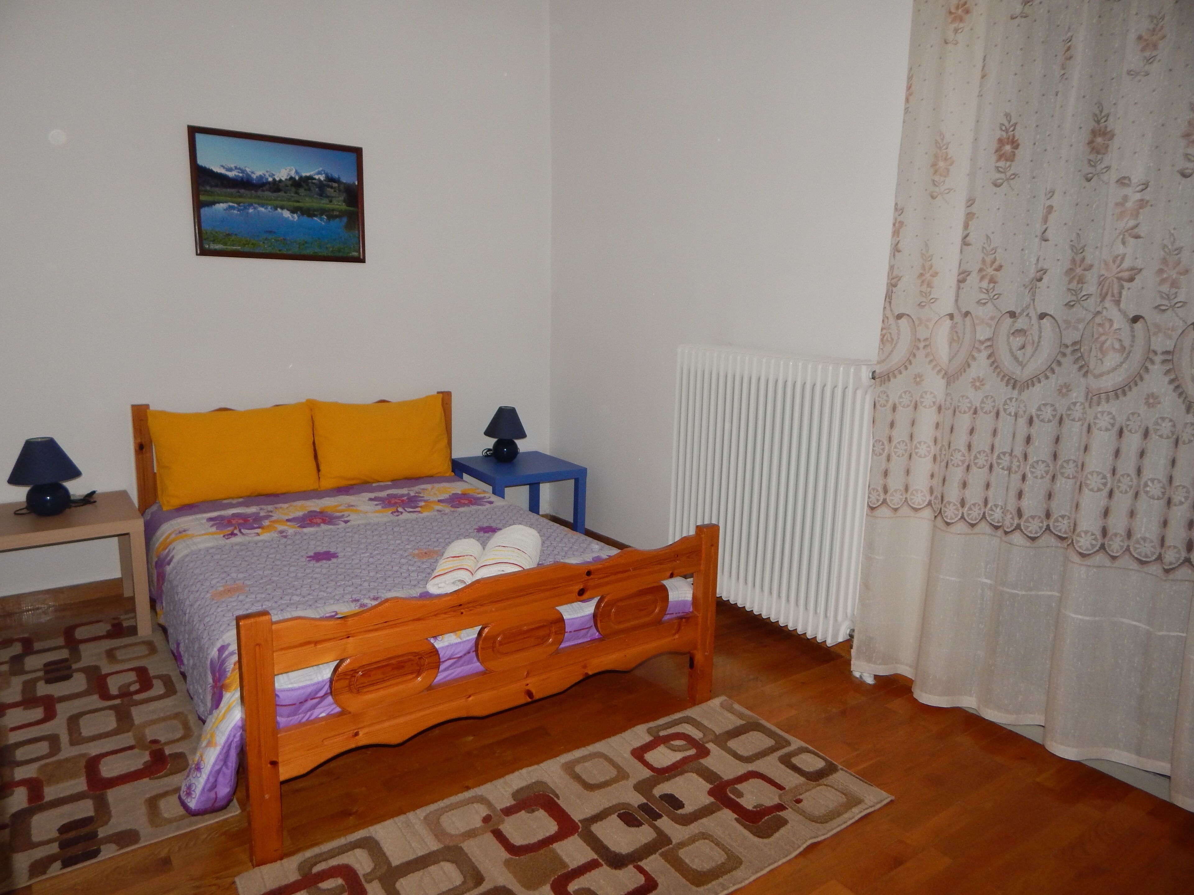Un dormitorio con una cama de madera, una mesita de noche con lámpara, un radiador y un tapete estampado.