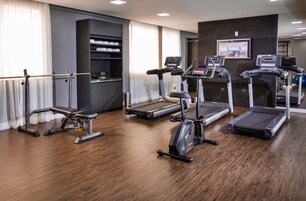 A fitness center with treadmills, an elliptical, and a rowing machine.